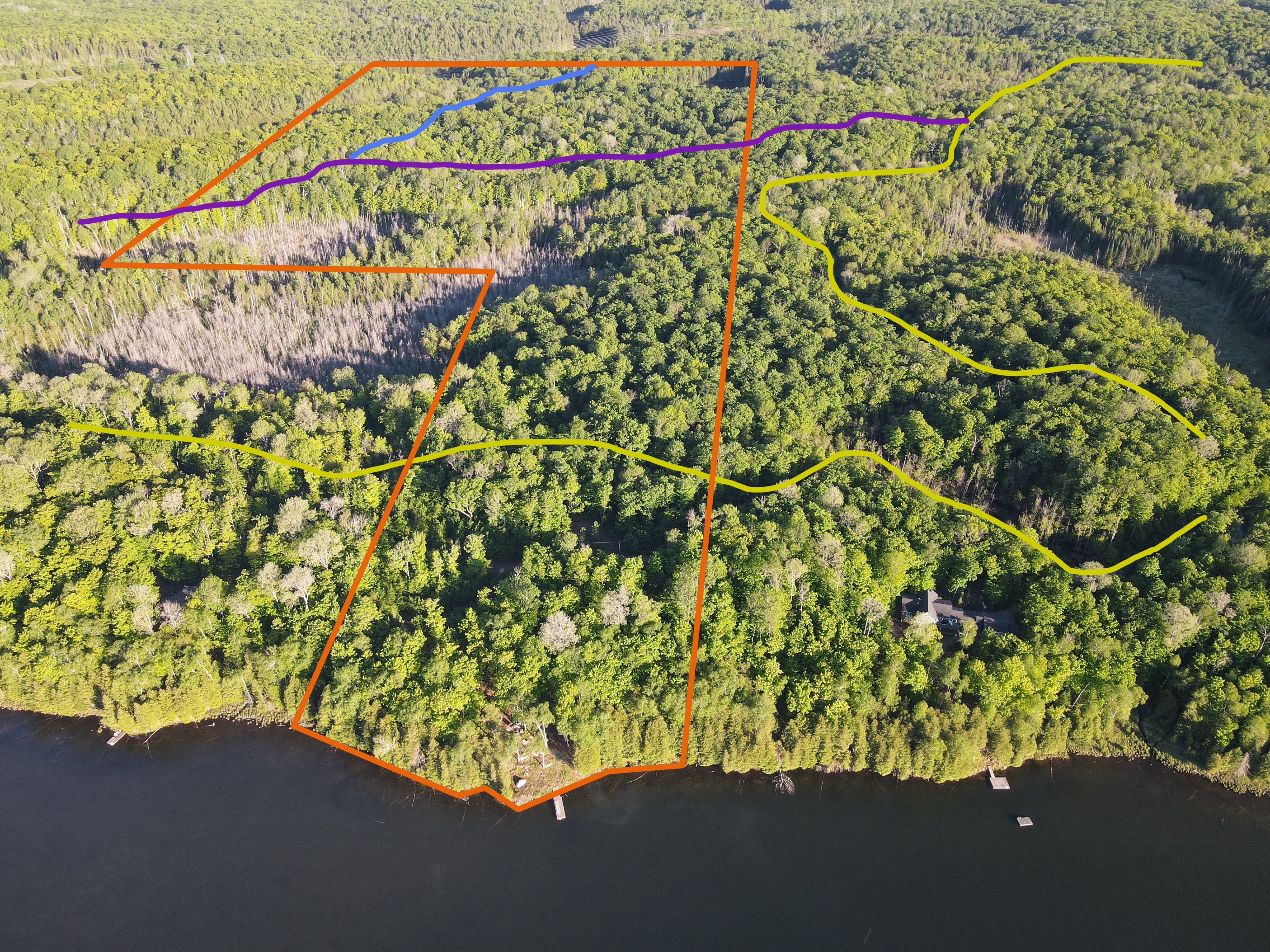 Arial of the property facing inland, with drawn on lines showing property boundaries and the access road. The property is 930 metres deep by 405 metres, but narrows closer to the lake to nestle two smaller properties on the shoreline. The “missing” chunk is 275 metres wide by 285 metres deep to the east of the property’s shoreline portion.