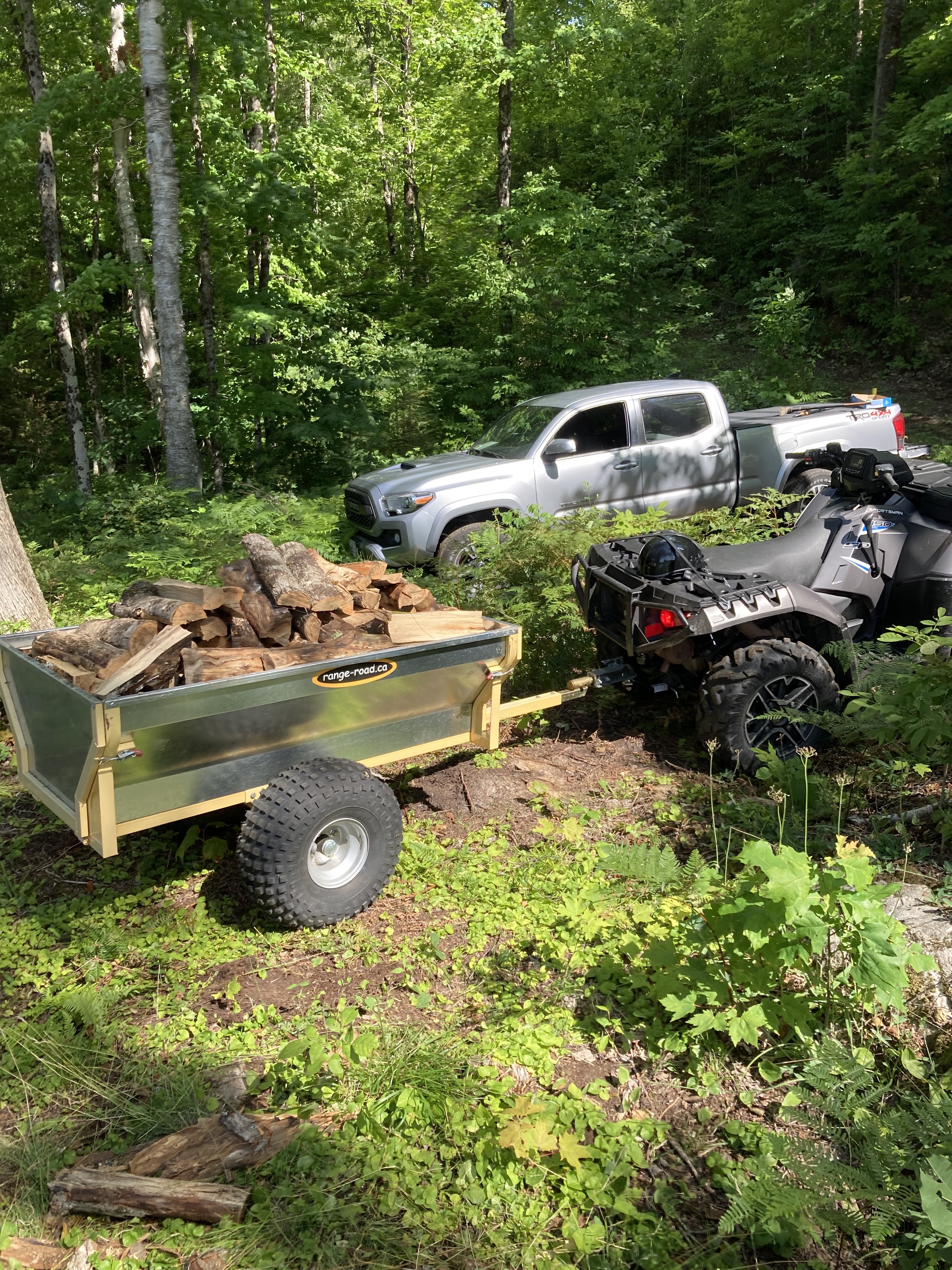 The ATV with a trailer, about 30 by 54 inches with silver galvanized steel panels, faded yellow tube steel or the structure, and two large turf tires. It’s loaded with split firewood.