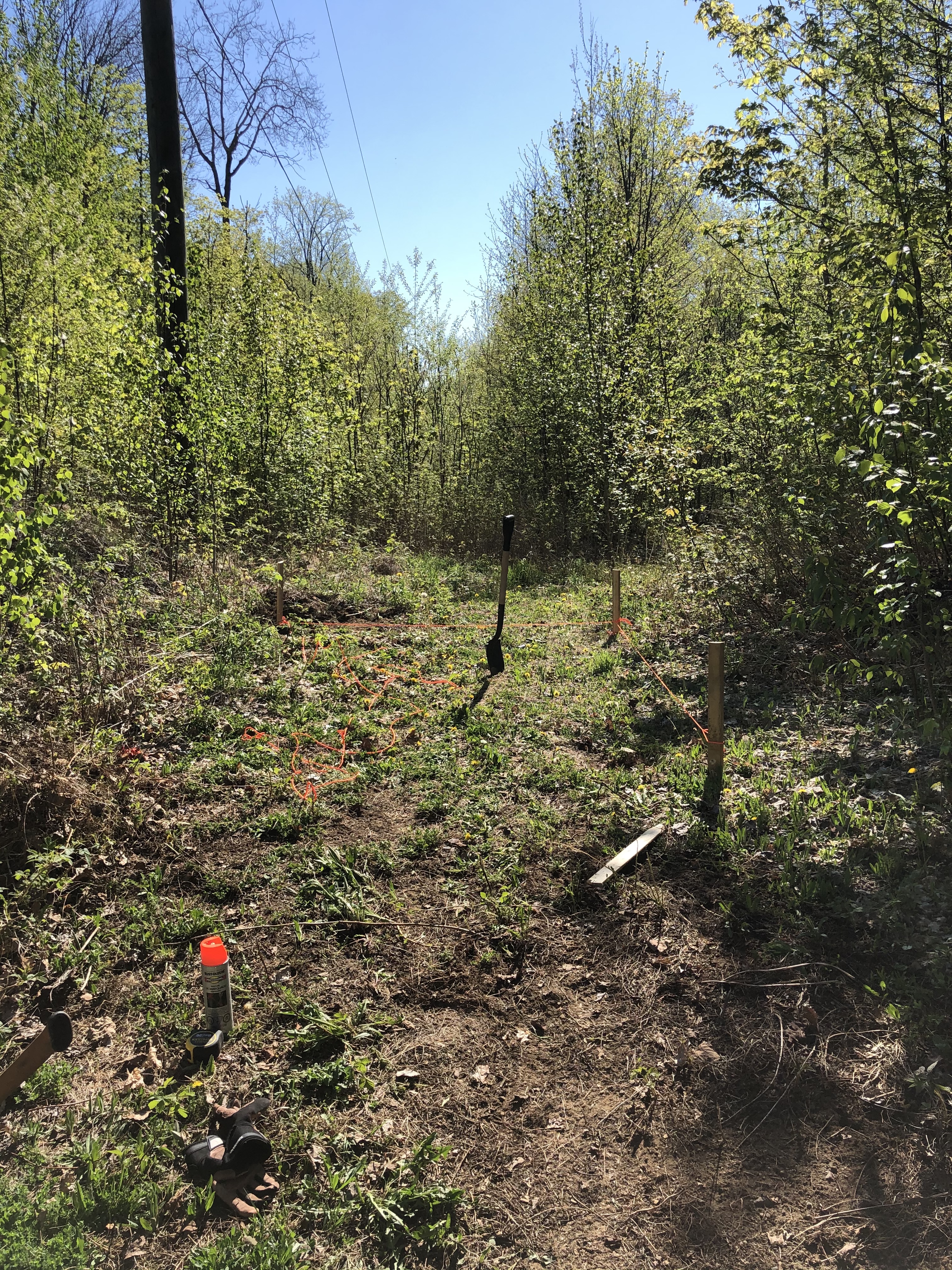 Some stakes and string on a somewhat clear plot of land, outlining the ideal container position. A pick axe is ready to start putting some grave and cinderblocks in on the corners.