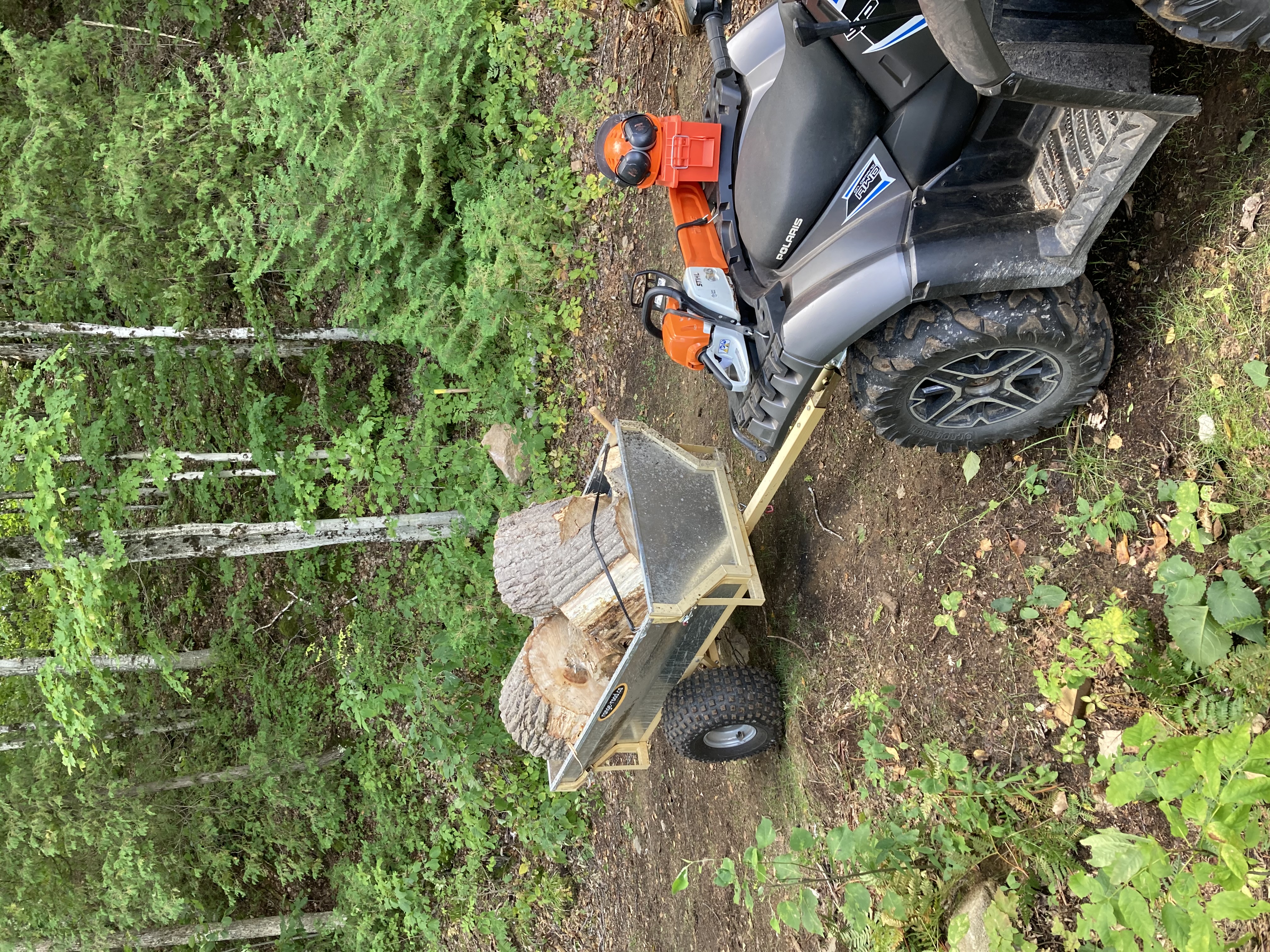 The ATV arriving back at the lakefront with a trailer load of logs