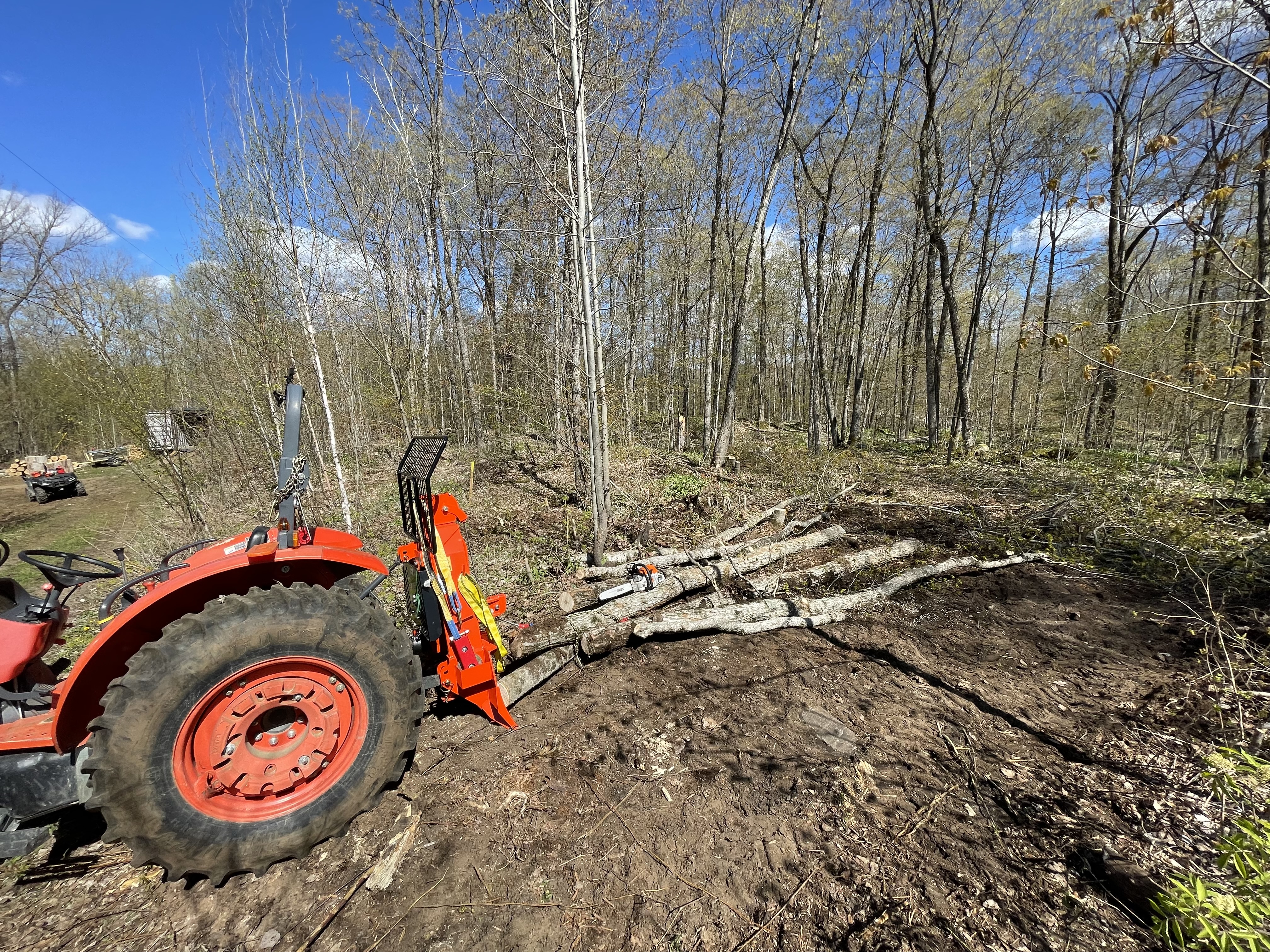 The skidding winch attacked to the tractor and in use, in front of a pile of small Maple logs at the forest edge