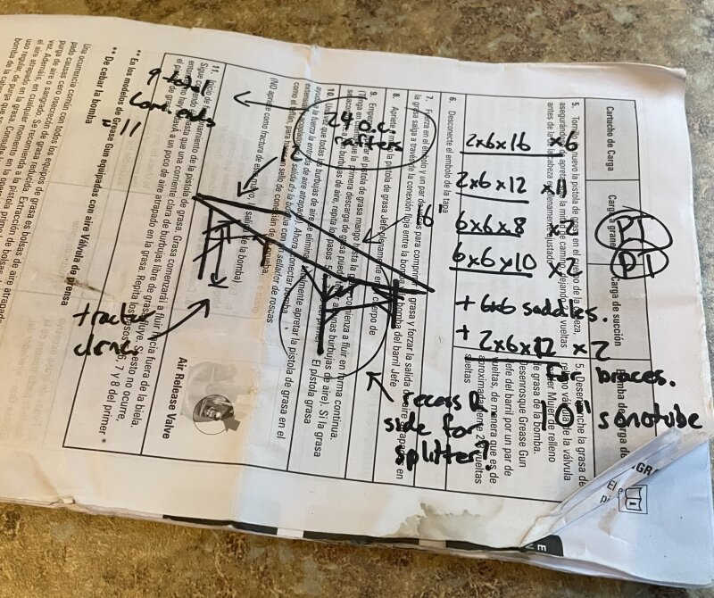 The “plans” for the shed were in sharpie right over writing on a manual of some sort. It includes a materials list for the structure.