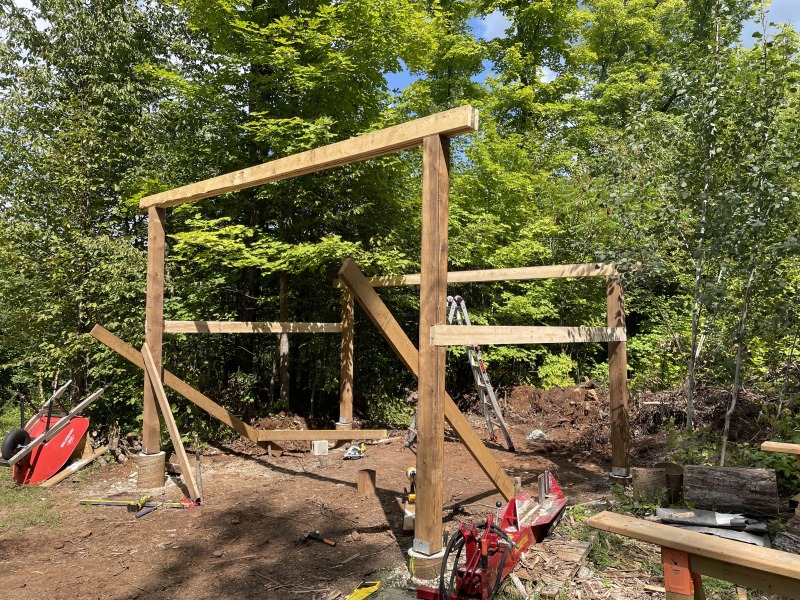 The frame of the structure standing, pre-rafters, braced square temporarily.