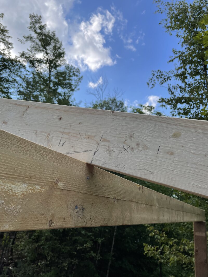 A “bird’s mouth” on a rafter, marked in pencil while the rafter sits in place on the beams.