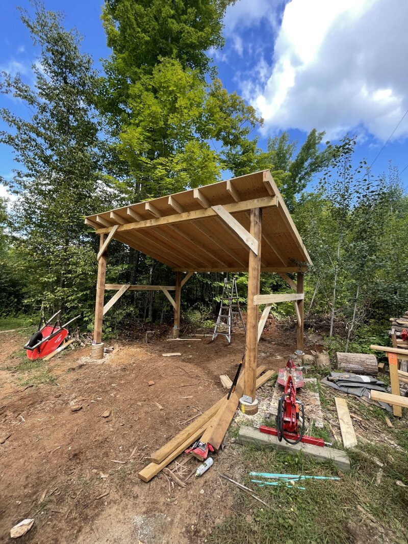 The tractor shed, almost complete, on a sunny day