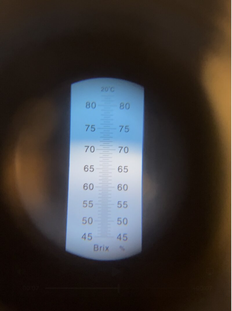 A view through a refractometer, showing a blue line just over the 70 mark